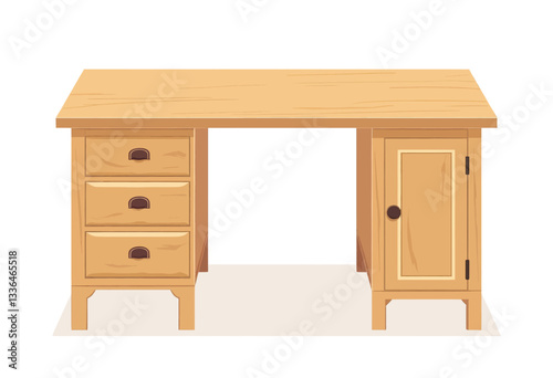 Cartoon light wooden desk with drawers and cabinet