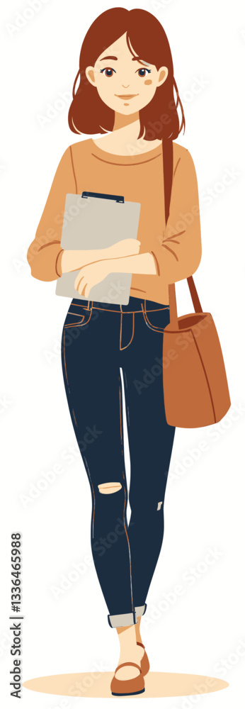 Cartoon woman in jeans, sweater, Mary Janes with clipboard and tote Cartoon woman in jeans, sweater, Mary Janes with clipboard and tote