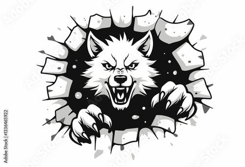 Cartoon wolf bursts through grayscale brick wall graphic