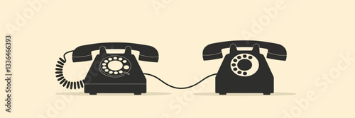 Connected Black Rotary Phones on Beige Background
