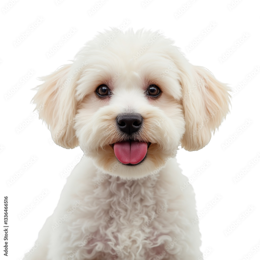 Maltipoo puppy sitting with its tongue out, looking directly at the camera, showcasing an adorable and friendly expression, isolated on a white background. Maltipoo puppy sitting with its tongue out, looking directly at the camera, showcasing an adorable and friendly expression, isolated on a white background.