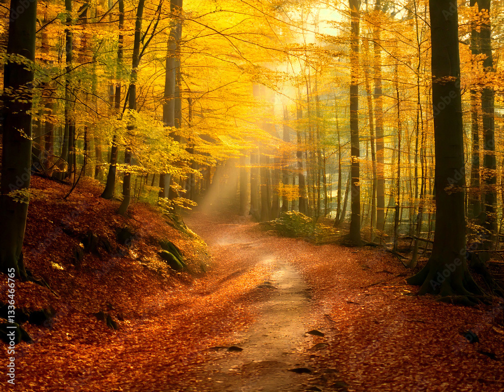 Fototapeta premium Autumnal road in the forest with golden leaves and sun rays