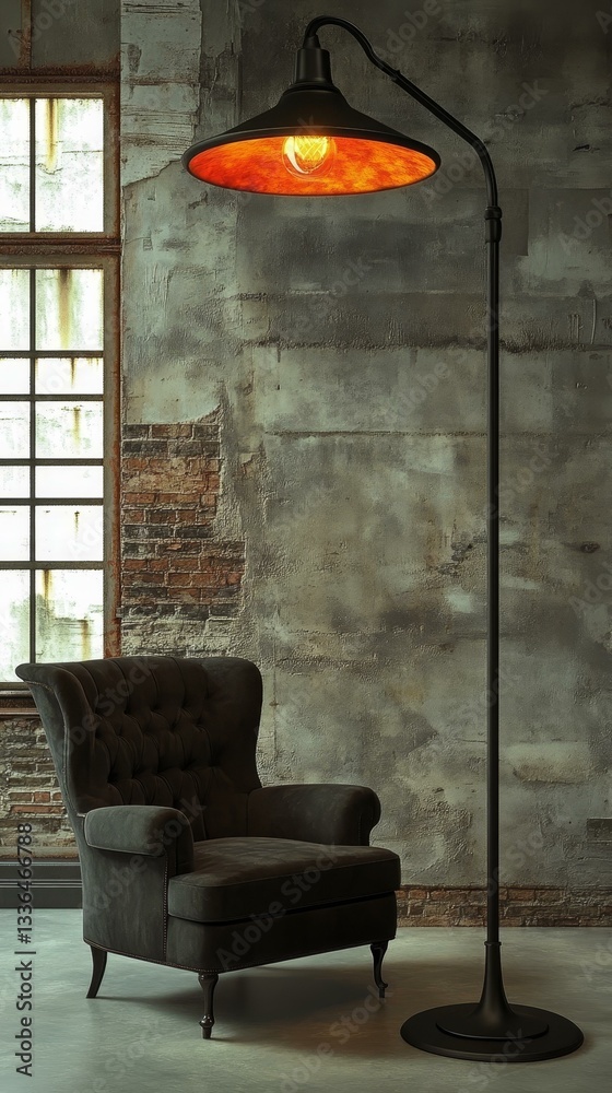 Obraz premium Industrial Style Floor Lamp with Vintage Chair