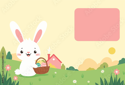 Easter Bunny with Basket and Eggs on Pastel Background