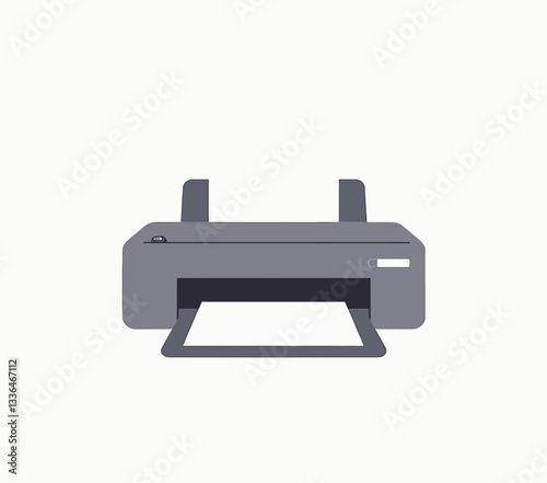 Flat gray printer with paper inserted on white
