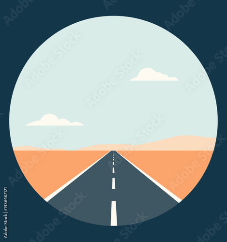 Flat Design Road Through Desert Landscape in Circle