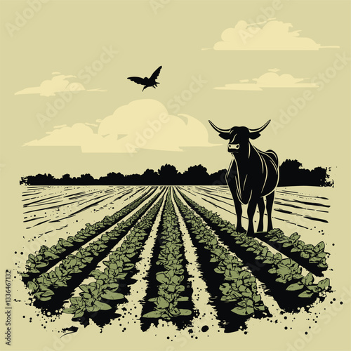 minimal design of a field growing produce with a beef cow. clipart, 2d, vector, black and white


