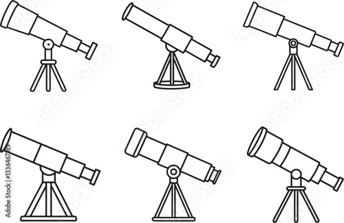 set of Telescope line art, black outline, vector and illustration, coloring book page line art drawing