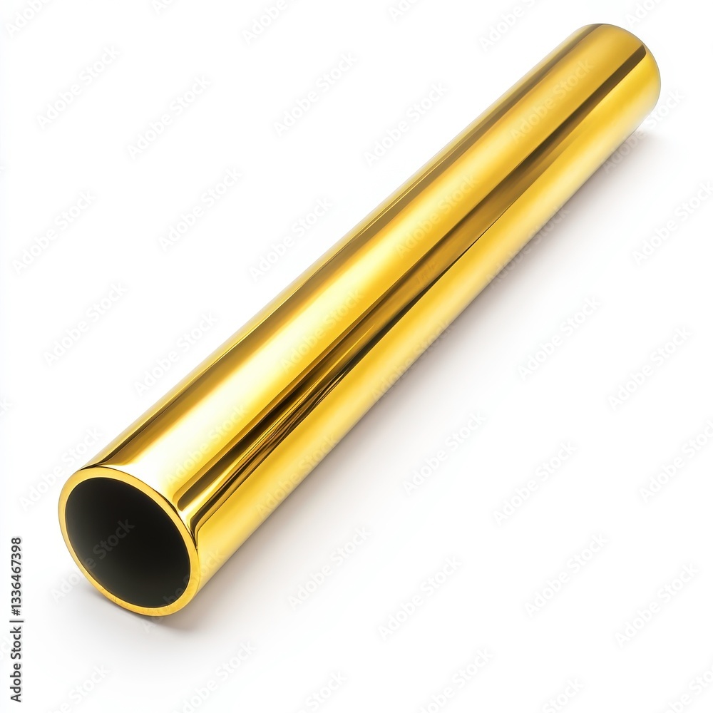 A golden metallic tube with a polished, mirror-like finish, reflecting soft light highlights, positioned diagonally. A golden metallic tube with a polished, mirror-like finish, reflecting soft light highlights, positioned diagonally.