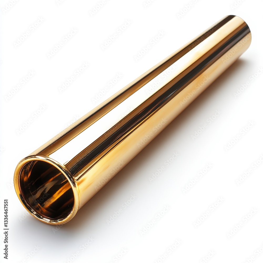 Naklejka premium A golden metallic tube with a polished, mirror-like finish, reflecting soft light highlights, positioned diagonally.