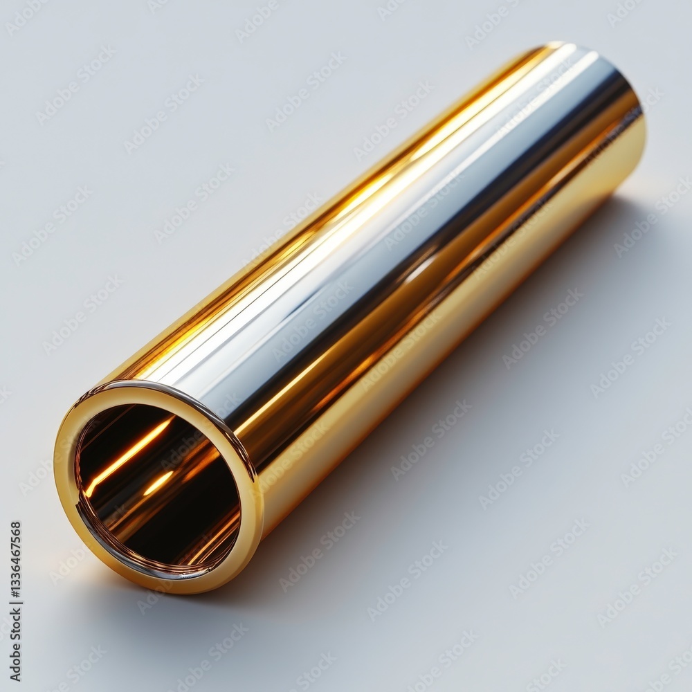 A golden metallic tube with a polished, mirror-like finish, reflecting soft light highlights, positioned diagonally. A golden metallic tube with a polished, mirror-like finish, reflecting soft light highlights, positioned diagonally.
