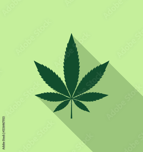Green cannabis leaf with long shadow on light green background