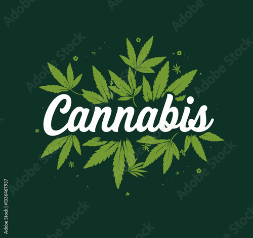 Green Cannabis Leaves with White Script on Dark Backdrop