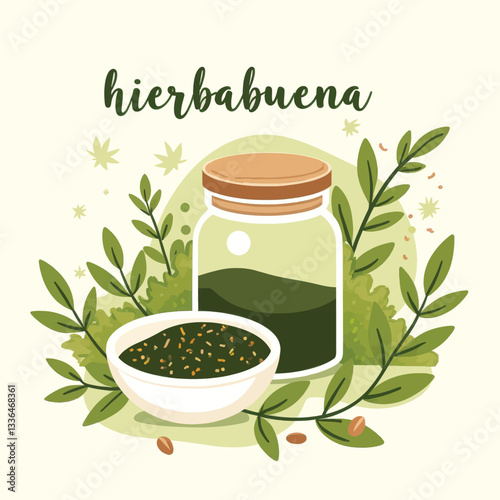 Hierbabuena: Mint plant with jar and bowl illustration