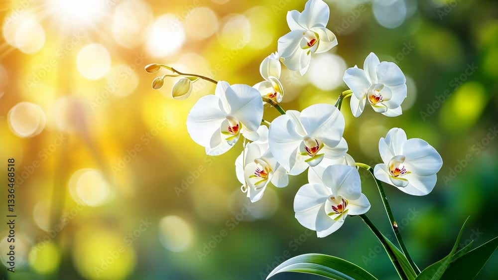 Beautiful white orchids blooming in sunlight with a soft bokeh background in a garden setting