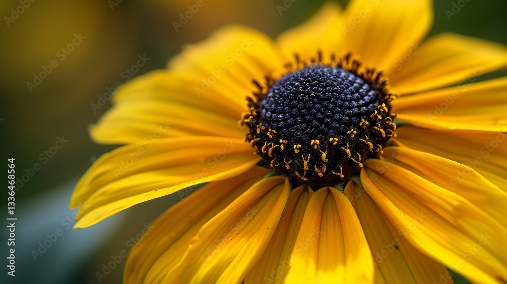 Close-up macro of a vibrant yellow black-eyed Susan (Rudbeckia hirta), bright daisy-like petals with a dark center, stunning floral contrast Close-up macro of a vibrant yellow black-eyed Susan (Rudbeckia hirta), bright daisy-like petals with a dark center, stunning floral contrast