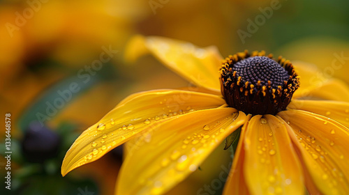 Close-up macro of a vibrant yellow black-eyed Susan (Rudbeckia hirta), bright daisy-like petals with a dark center, stunning floral contrast