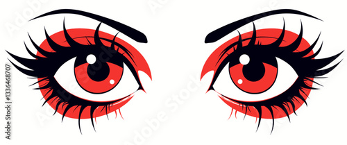 Intense red eyes with black lashes and brows art