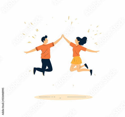 Jumping couple high-fiving illustration, teamwork celebration