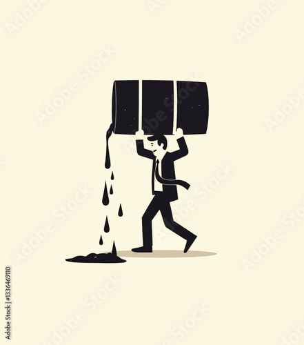 Leaking Oil Barrel Carried by Business Man