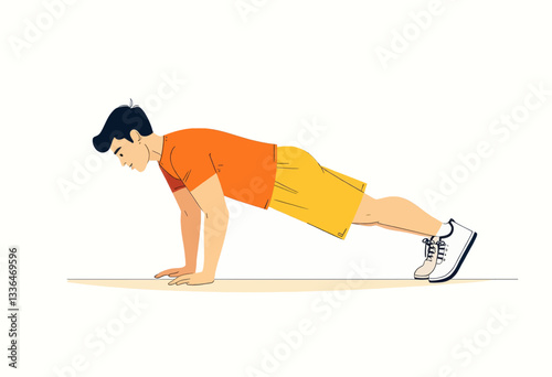 Man in orange shirt, yellow shorts doing pushup on white ground