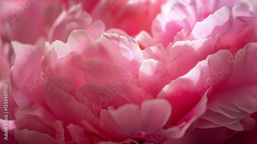 Extreme close-up of a pink peony, intricate layers of delicate petals in full bloom