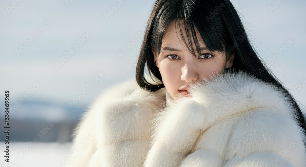 Asian young female in winter fur coat outdoors Asian young female in winter fur coat outdoors