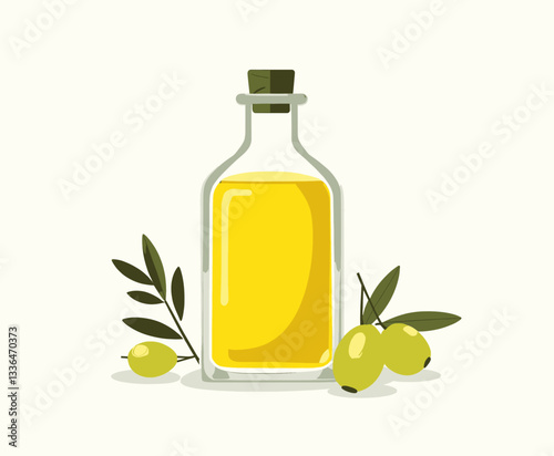 Olive Oil Bottle with Green Olives and Leaves