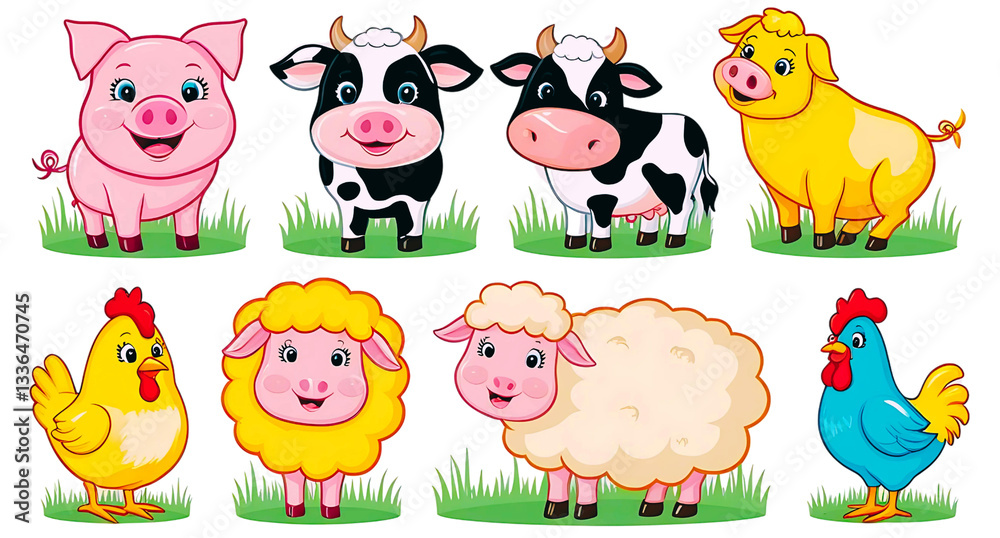 Fototapeta premium Cute cartoon farm animal vector set illustration with funny cow, pig, sheep, dog, and bird icons