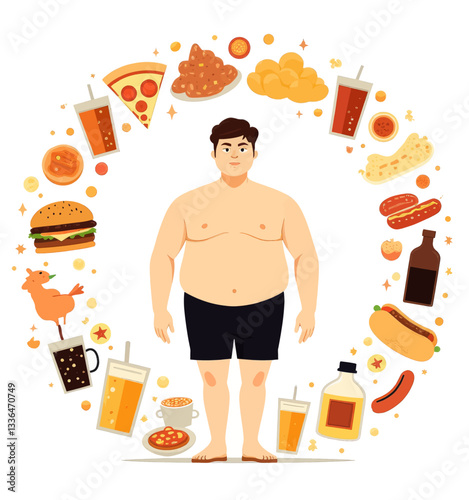 Overweight Man Surrounded By Unhealthy Food Choices
