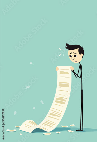 Overwhelmed man holding a very long bill receipt
