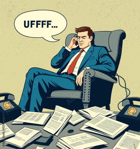 Overwhelmed executive on phone in cluttered office UFFF