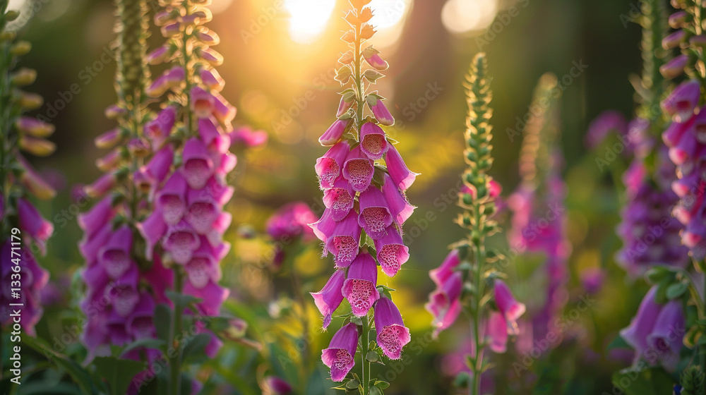 Obraz premium Full shot of a deep purple foxglove, bell-shaped blossoms arranged along tall spires
