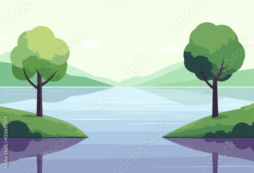 Pixel art lake landscape with trees and mountain range