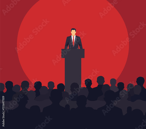 Politician delivers speech to a crowd on red backdrop