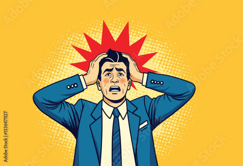 Pop art: Stressed businessman grasping head in disbelief