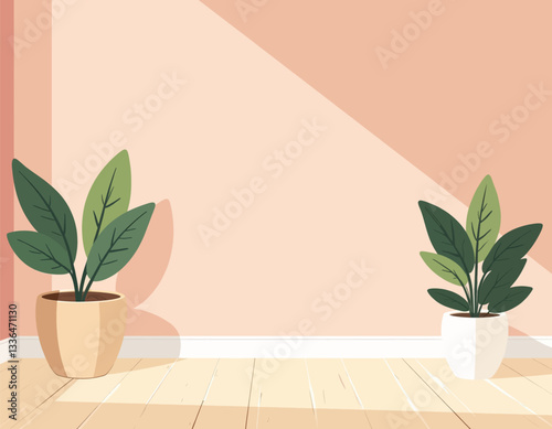 Potted plants adorn peach wall and light wood floor