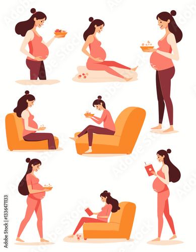 Pregnant woman in various poses, eating and reading