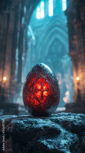 Happy Easter Sunday background, A metallic dark red Easter egg with ancient symbols carved into it, placed on a stone altar, with a blurred Gothic cathedral lit by eerie blue candlelight
