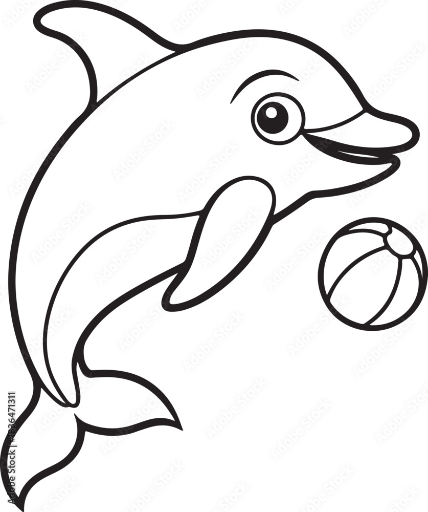 Naklejka premium a cute dolphin playing with a ball line art, black outline, vector and illustration, coloring book page line art drawing