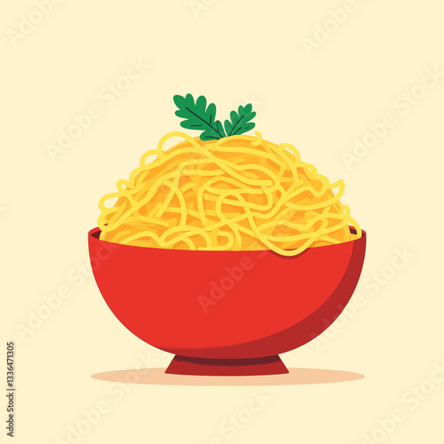 Red bowl of spaghetti with parsley garnish
