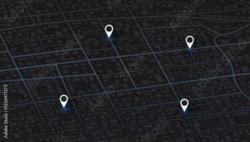 Multiple destinations. Gps tracking map. Track navigation pins on street maps, navigate mapping technology and locate position pin. Futuristic travel gps map or location navigator vector illustration