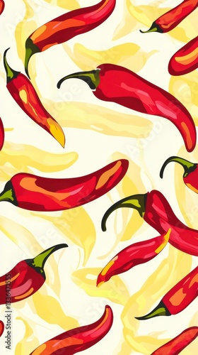 High quality illustration of Chili pepper patterns in glowing tones of yellow, bold and artistic --chaos 10 --ar 9:16 --style raw --stylize 10 --v 6.1 Job ID: e32f08fc-5b46-447b-99b3-9922eb30c162