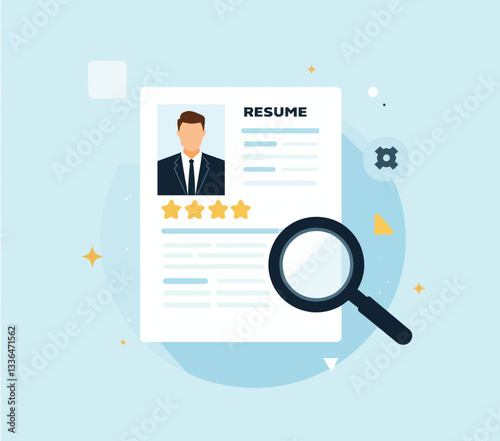 Resume review with magnifying glass, light blue background