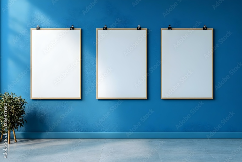 Three Vertical Mockup Posters on a Blue Wall Three Vertical Mockup Posters on a Blue Wall