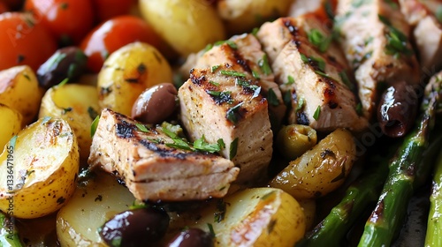 Grilled tuna potatoes asparagus tomatoes and olives with mustard dressing