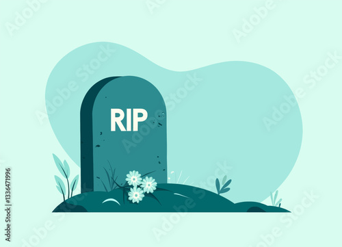 RIP tombstone with flowers, light turquoise art