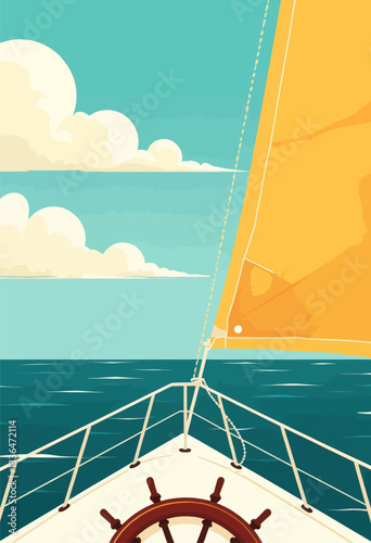 Sailing Yacht Vector Scene with Golden Sail and Calm Ocean