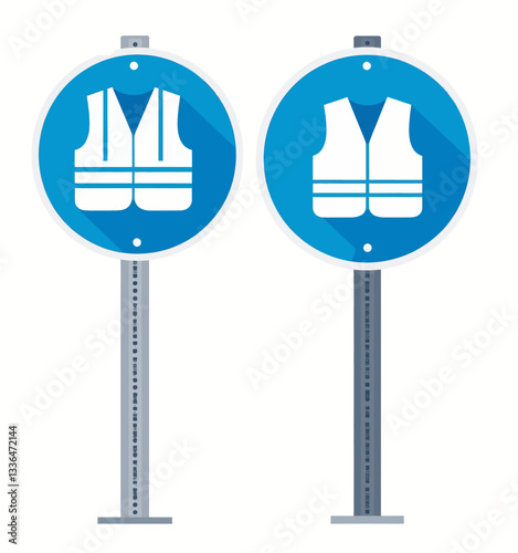Safety vest required blue round signs on posts