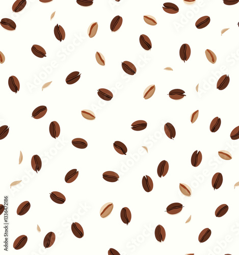 Scattered coffee beans and chaff on white background
